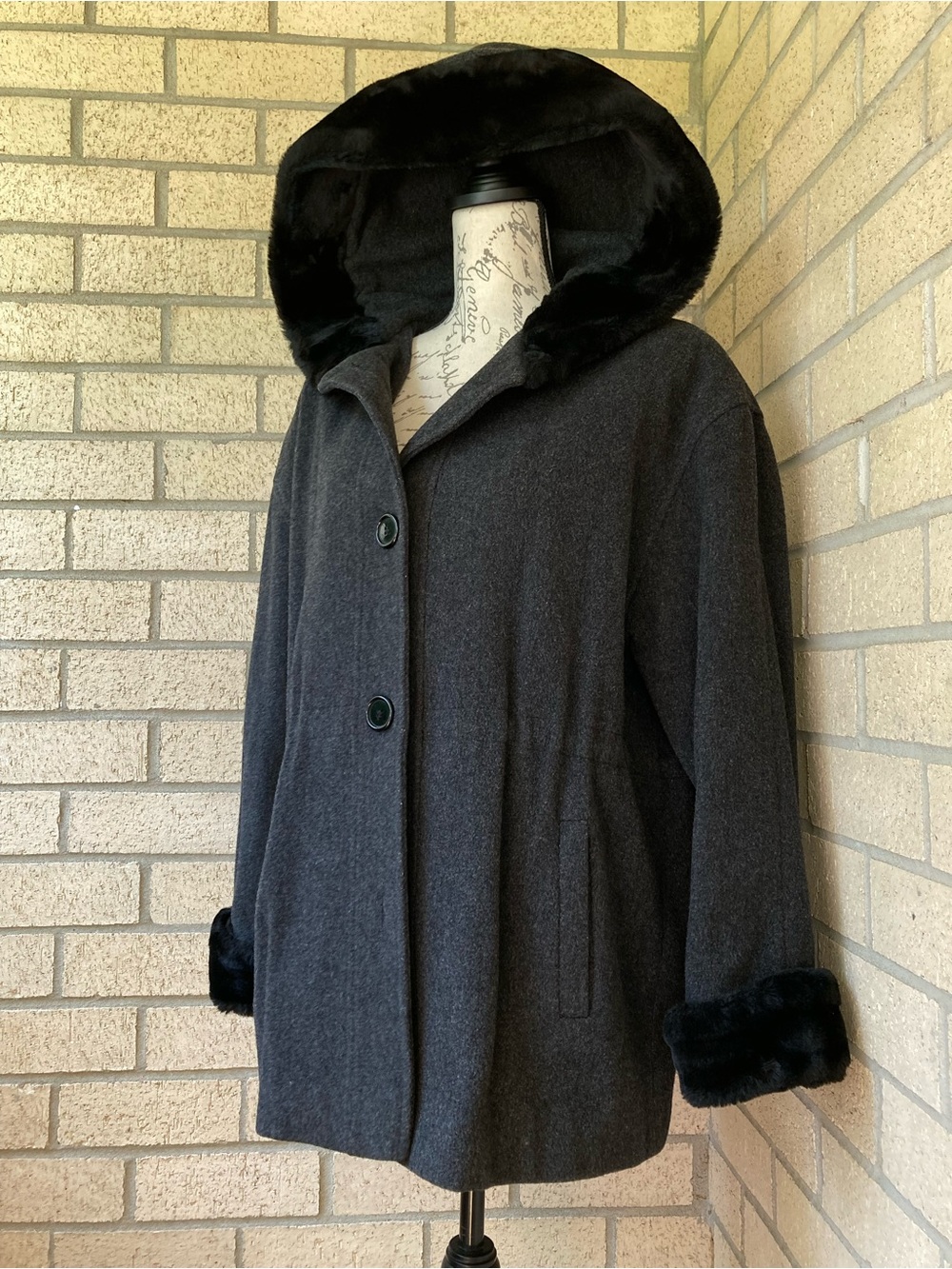 Albert Nipon Adjustable Waist Gray Wool Coat Black Faux Fur Hood & Cuffs XS - Picture 3 of 14